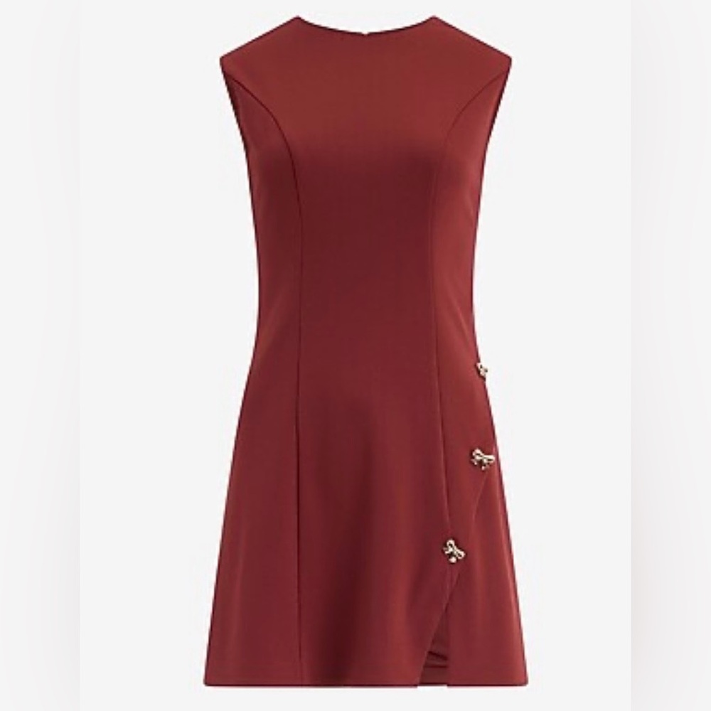 Express Crepe Crew Neck Bow Button Mini Dress